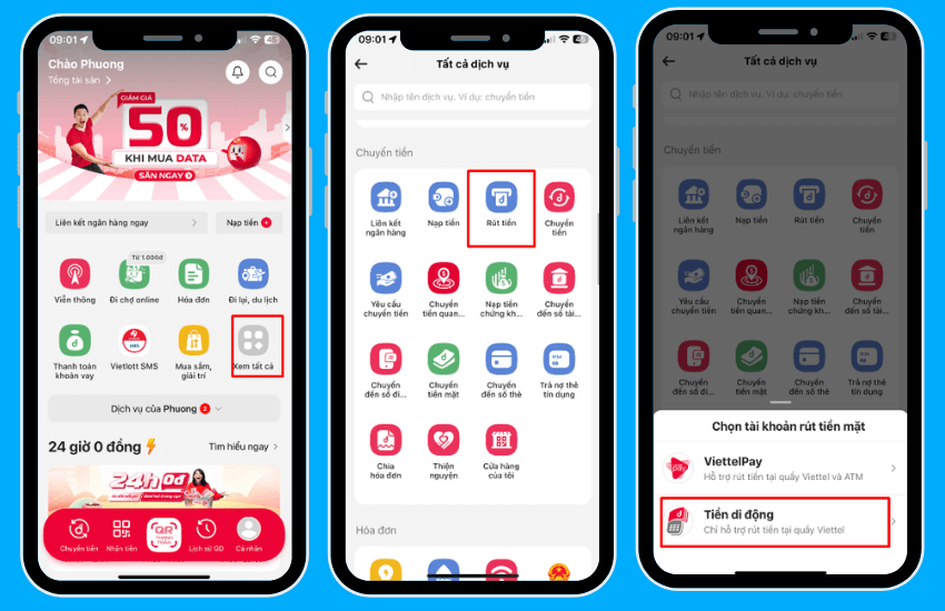 cach rut tien tu sim viettel