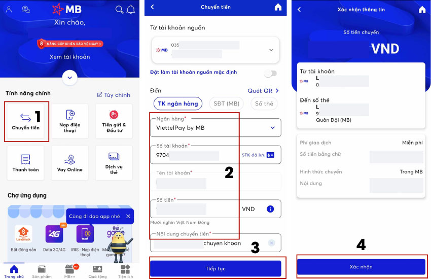 Cach chuyen tien tu MB den Viettel Money