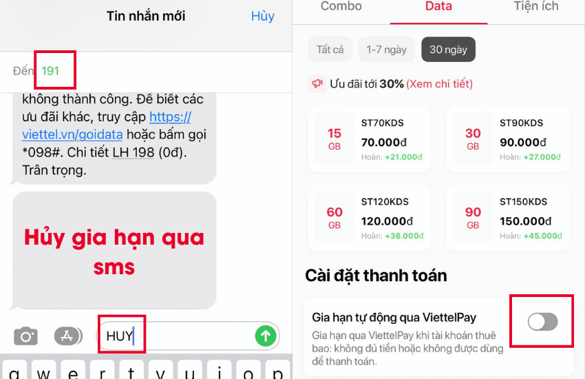 huy goi data tren viettel money