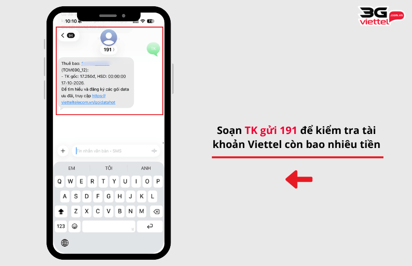 soan tk gui 191 de kiem tra tai khoan viettel