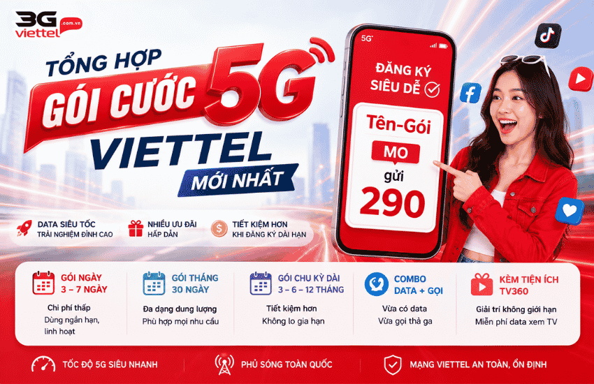 20 gói cước 5G Viettel Tháng giá từ 30K đến 480K năm 2026 goi cuoc 5g viettel