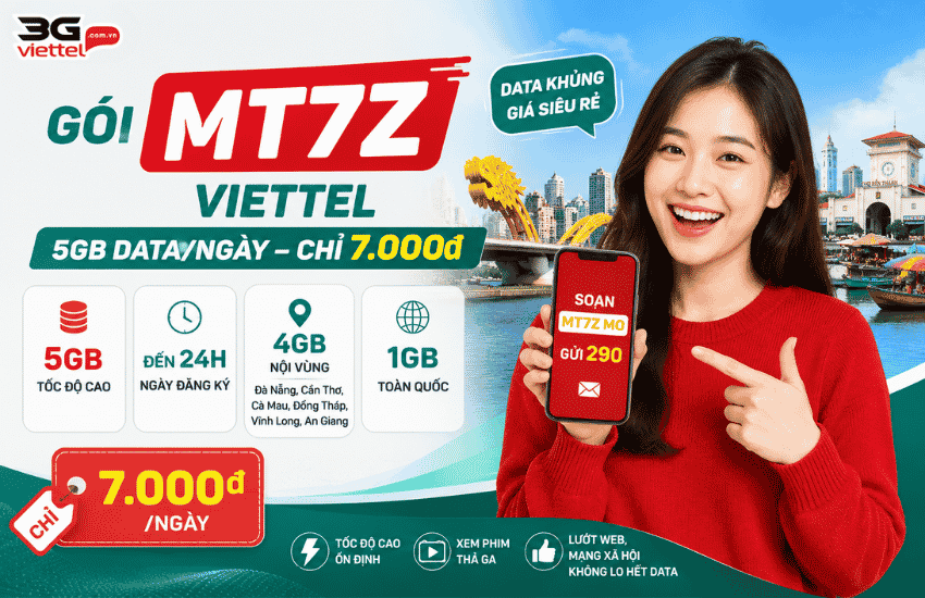 MT7Z áp dụng tỉnh nào? Cách đăng ký MT7Z Viettel 5GB 7K goi cuoc mt7z viettel