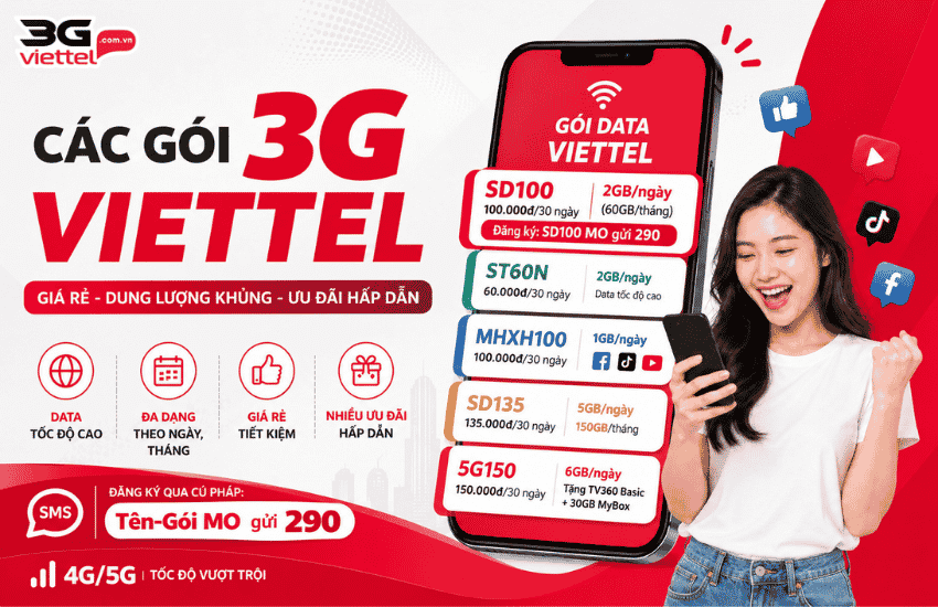 Bảng gói 3G tháng rẻ nhất của Viettel 50K, 60K, 90K, 100K goi cuoc 3g viettel